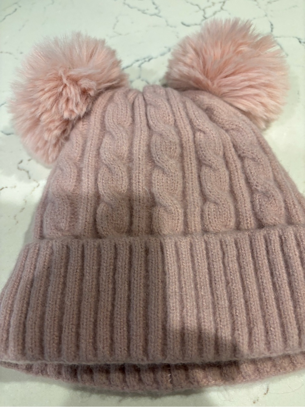 Pink Double Pom Cable Knit Beanie